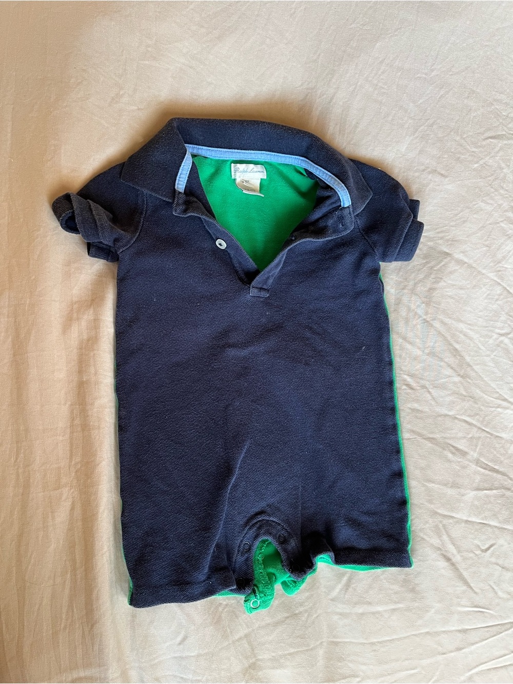 Ralph Lauren Navy & Green Color Block Polo One Piece Romper - Size 18 months